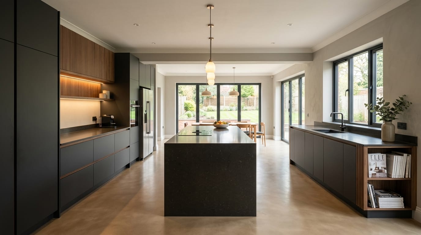 Mastercraft bespoke kitchen in Lilleshall, wide architectural view showing room volume and design quality