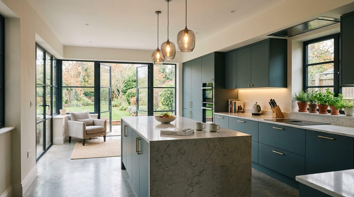 Mastercraft bespoke kitchen in Madeley, wide architectural view showing room volume and design quality