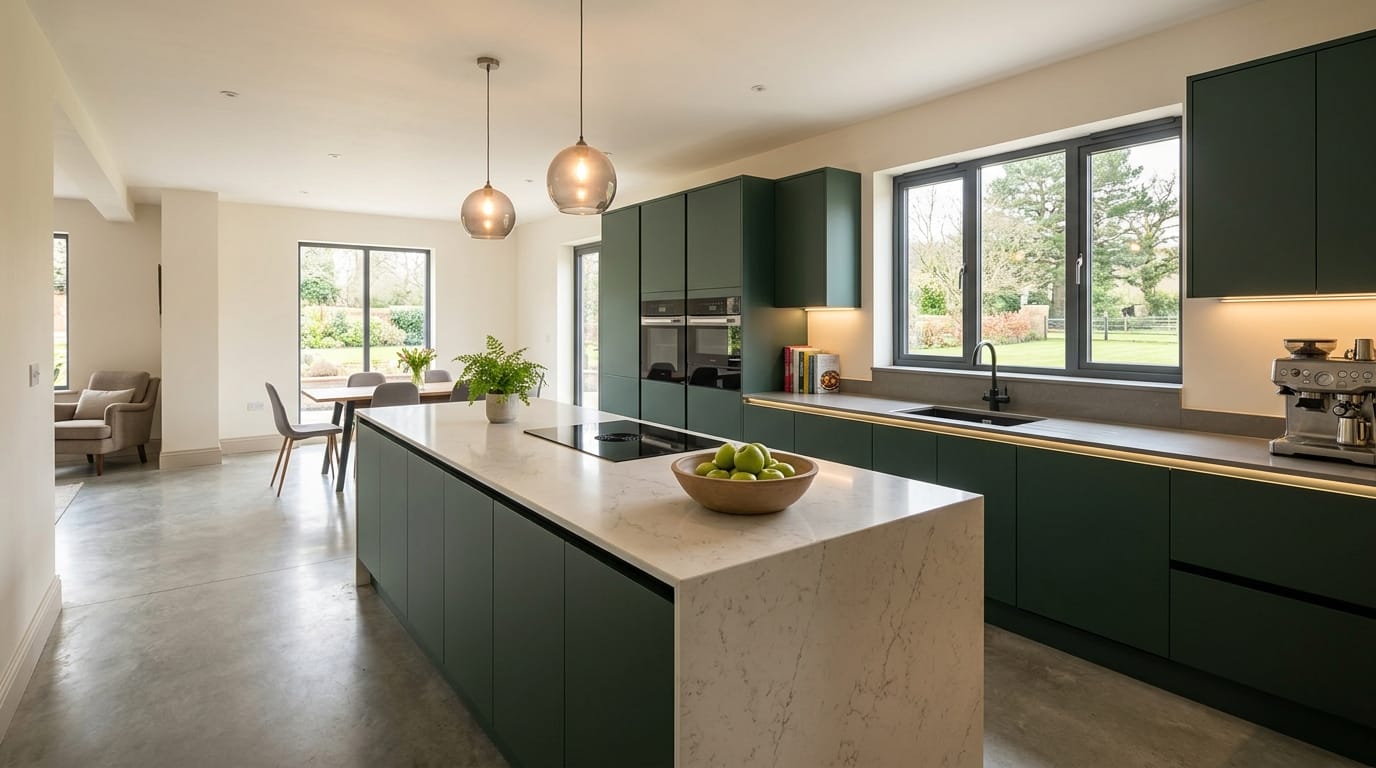 hero2_1200x675-375 Mastercraft bespoke kitchen in Oswestry, wide architectural view showing room volume and design quality