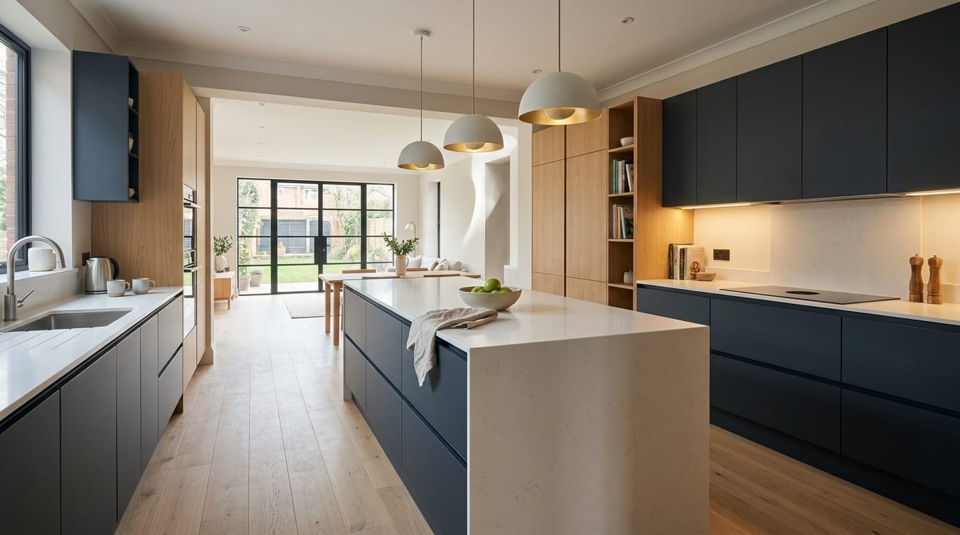 Mastercraft bespoke kitchen in Stirchley, wide architectural view showing room volume and design quality