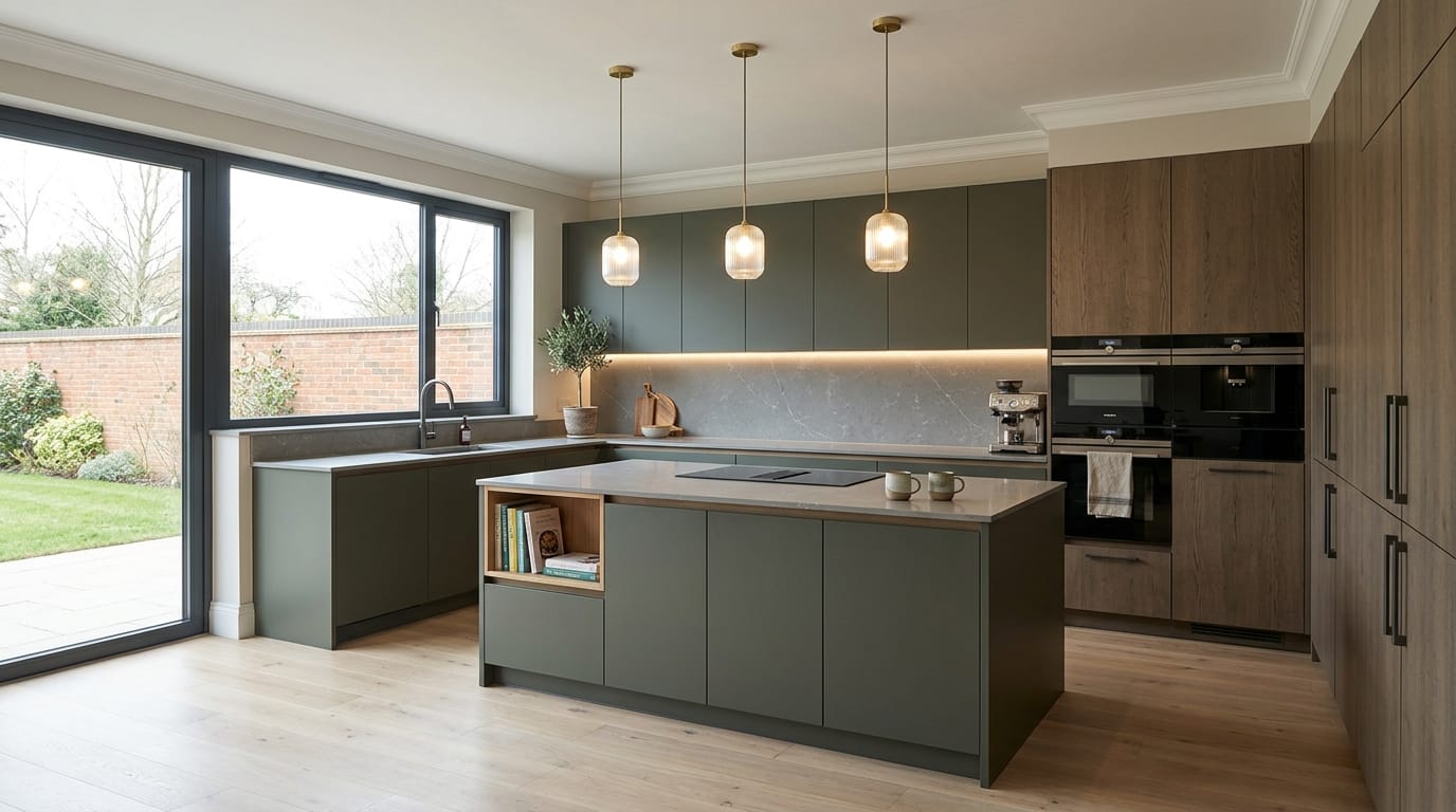 hero2_1200x675-380 Mastercraft bespoke kitchen in Corby, wide architectural view showing room volume and design quality