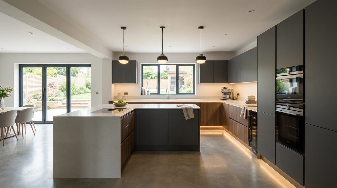 Mastercraft bespoke kitchen in Daventry, wide architectural view showing room volume and design quality