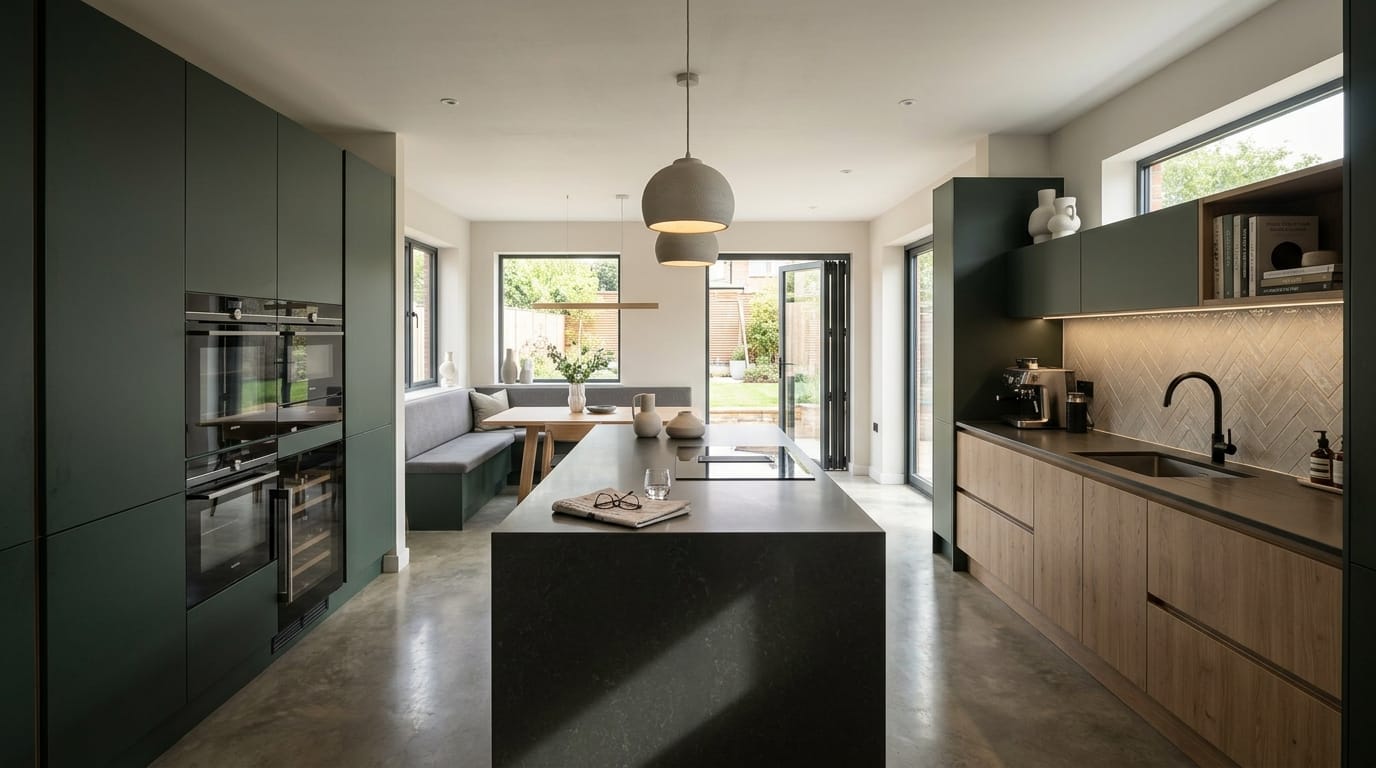 hero2_1200x675-382 Mastercraft bespoke kitchen in Irchester, wide architectural view showing room volume and design quality