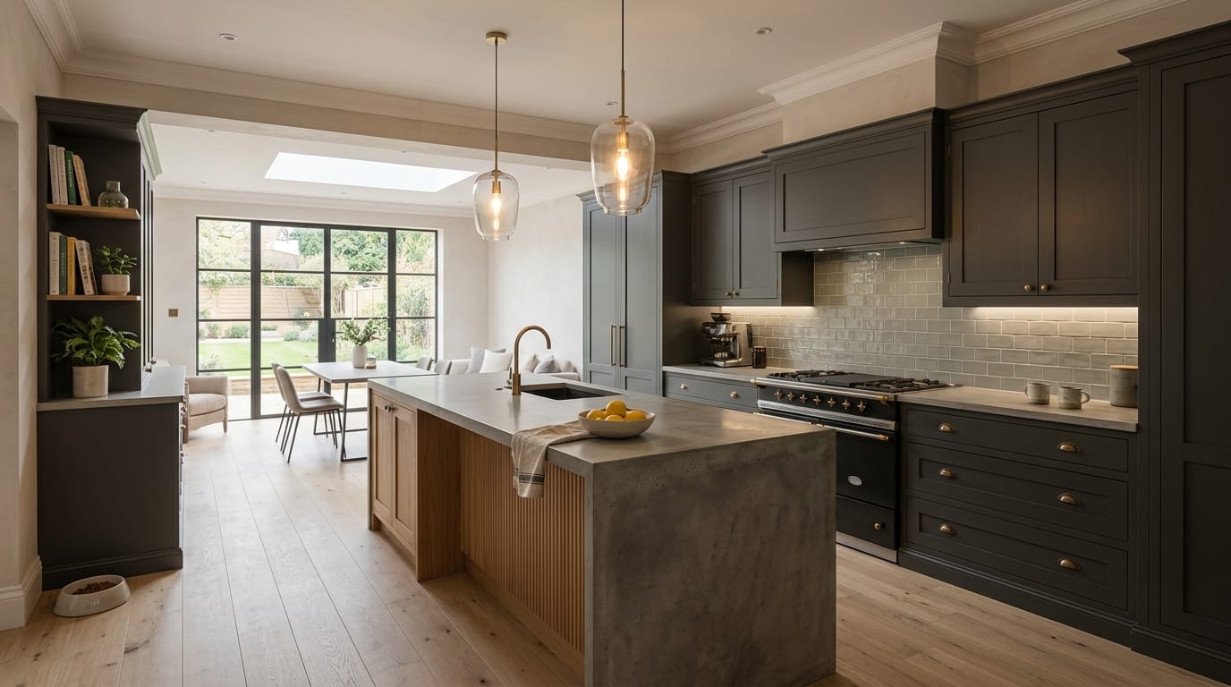 Mastercraft bespoke kitchen in Kettering, wide architectural view showing room volume and design quality