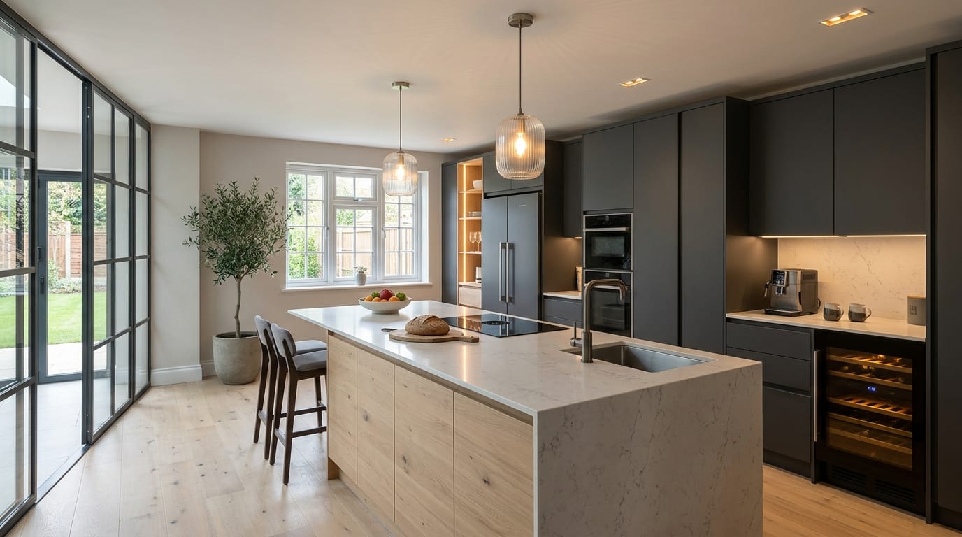 hero2_1200x675-384 Mastercraft bespoke kitchen in Northampton, wide architectural view showing room volume and design quality