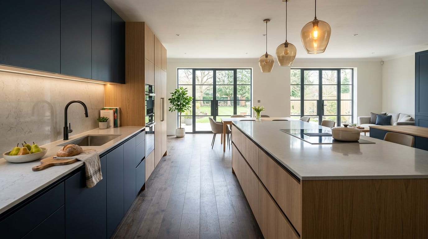 hero2_1200x675-385 Mastercraft bespoke kitchen in Rockingham, wide architectural view showing room volume and design quality