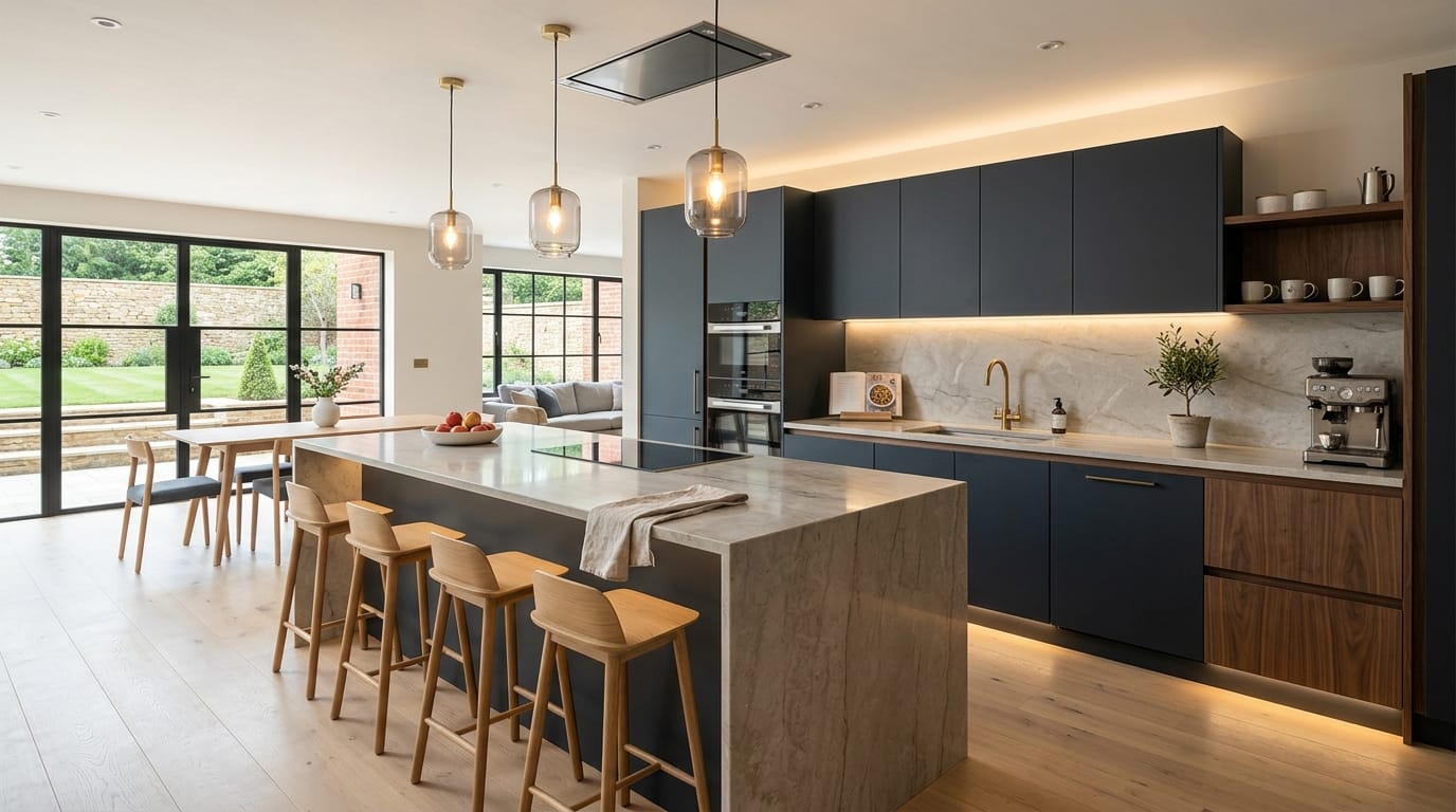 Mastercraft bespoke kitchen in Wellingborough, wide architectural view showing room volume and design quality