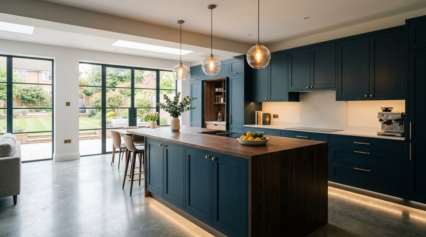 Mastercraft bespoke kitchen in Watford, wide architectural view showing room volume and design quality