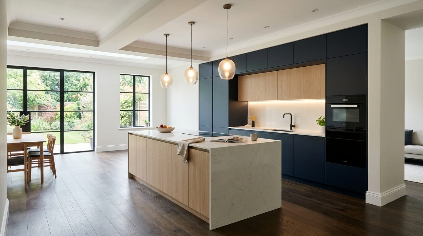 hero2_1200x675-388 Mastercraft bespoke kitchen in Hemel Hempstead, wide architectural view showing room volume and design quality