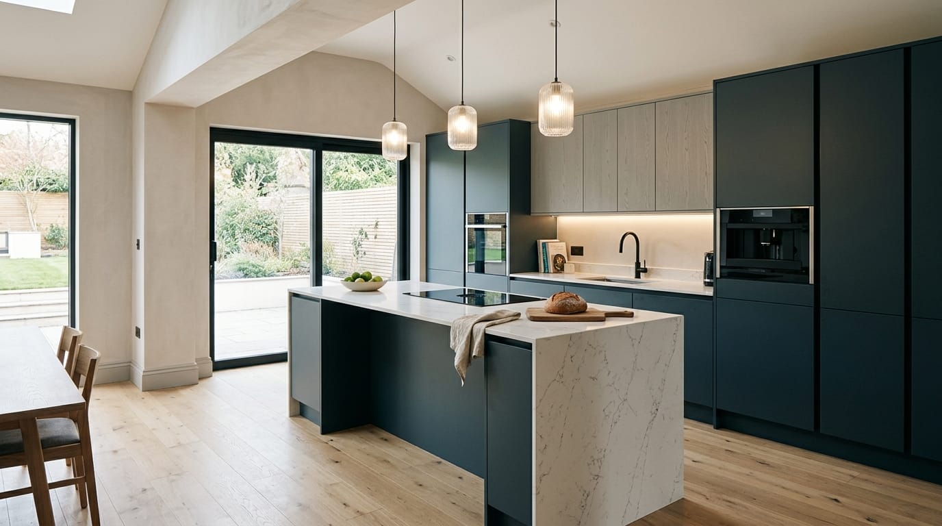 hero2_1200x675-389 Mastercraft bespoke kitchen in Stevenage, wide architectural view showing room volume and design quality