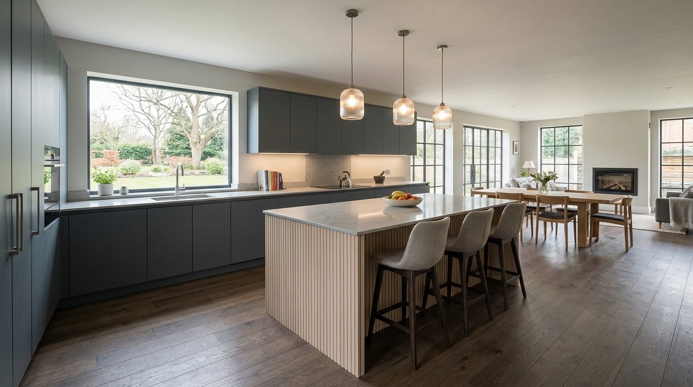 Mastercraft bespoke kitchen in Hitchin, wide architectural view showing room volume and design quality