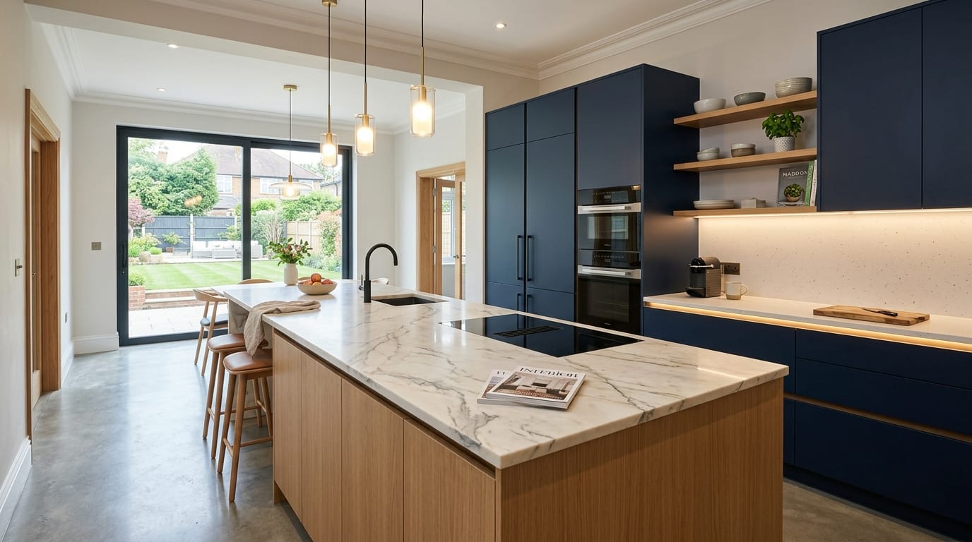 Mastercraft bespoke kitchen in Cheshunt, wide architectural view showing room volume and design quality