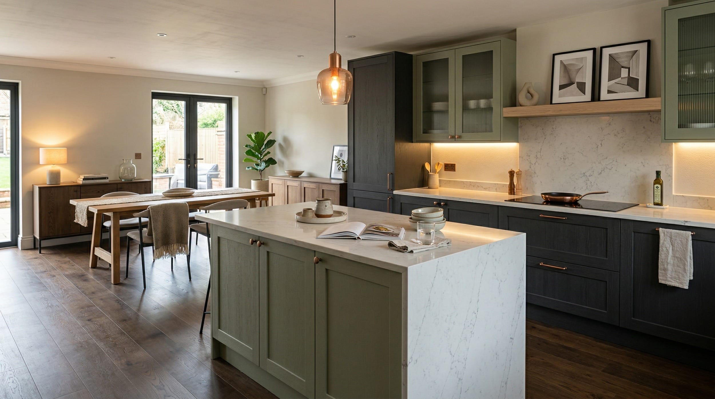 Mastercraft bespoke kitchen in Reigate, wide architectural view showing room volume and design quality