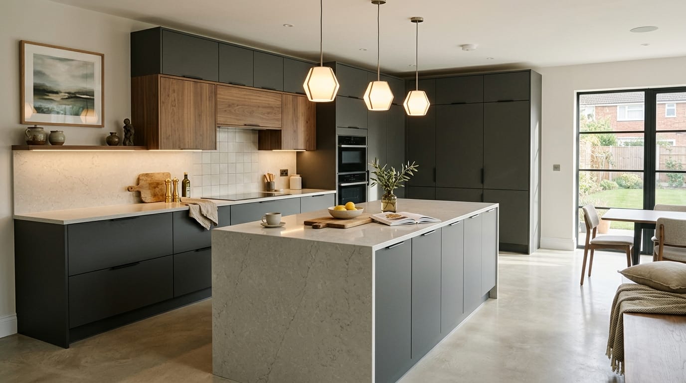 Mastercraft bespoke kitchen in Slough, wide architectural view showing room volume and design quality