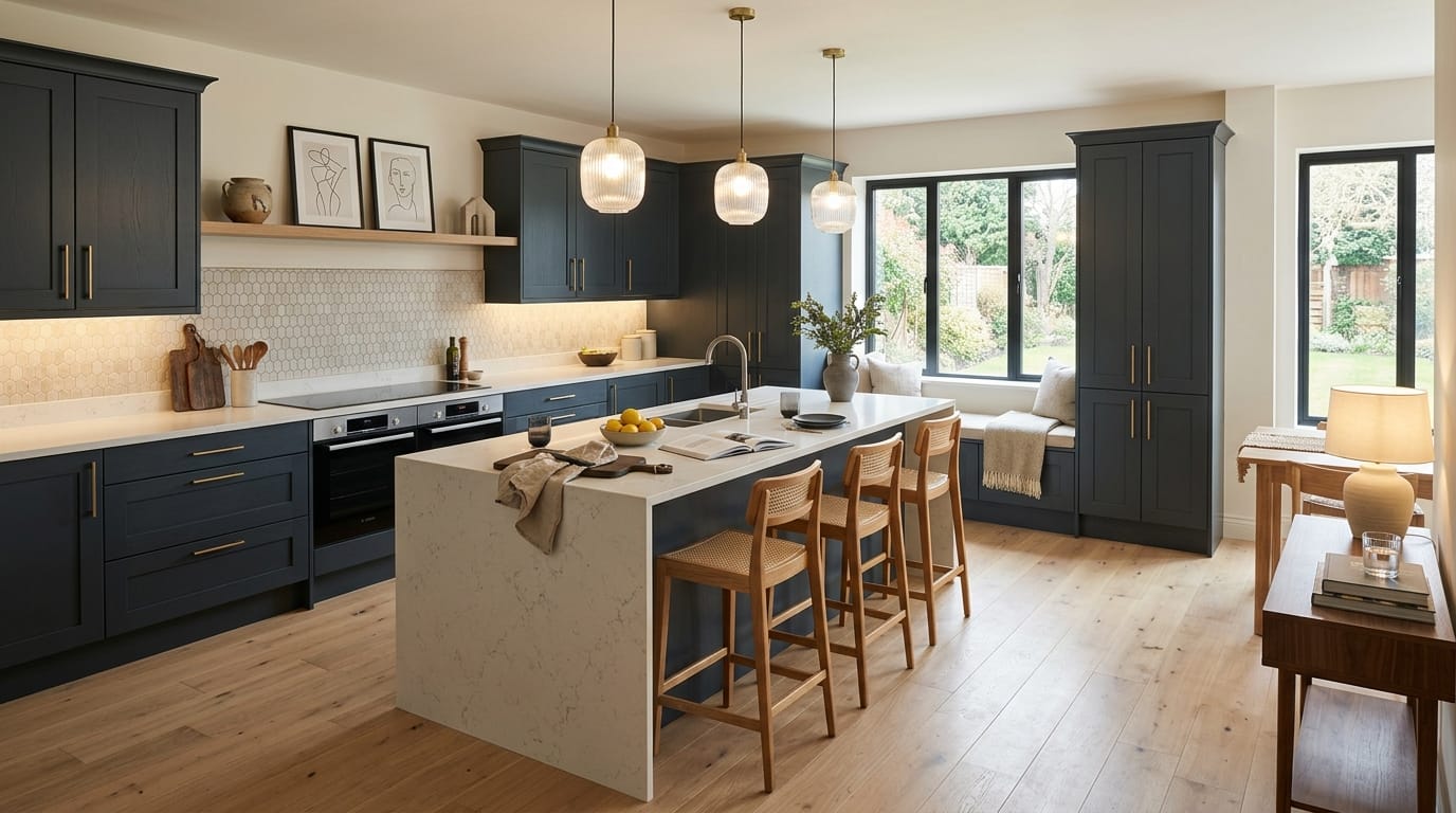 Mastercraft bespoke kitchen in Adwick le Street, wide architectural view showing room volume and design quality