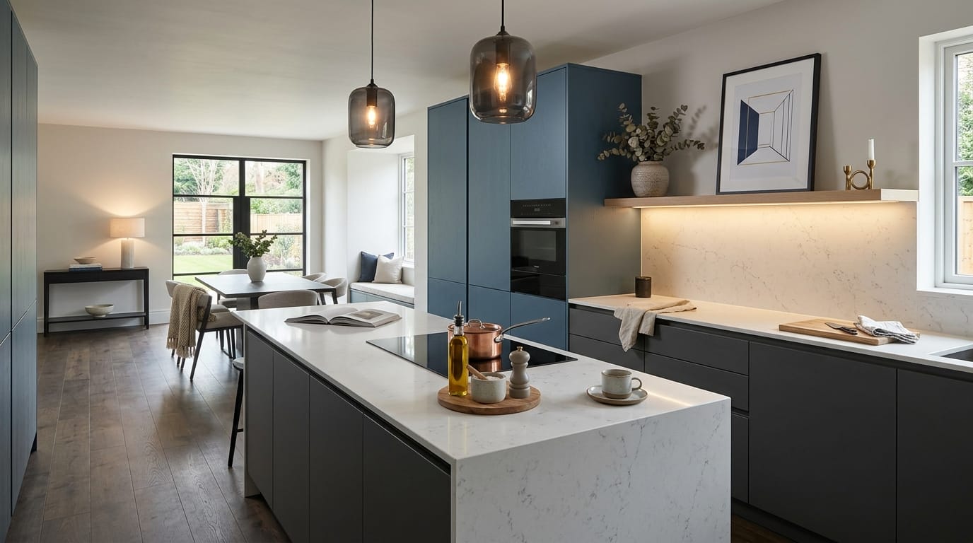 Mastercraft bespoke kitchen in Amersham, wide architectural view showing room volume and design quality