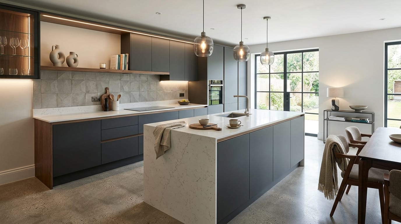 Mastercraft bespoke kitchen in Armthorpe, wide architectural view showing room volume and design quality