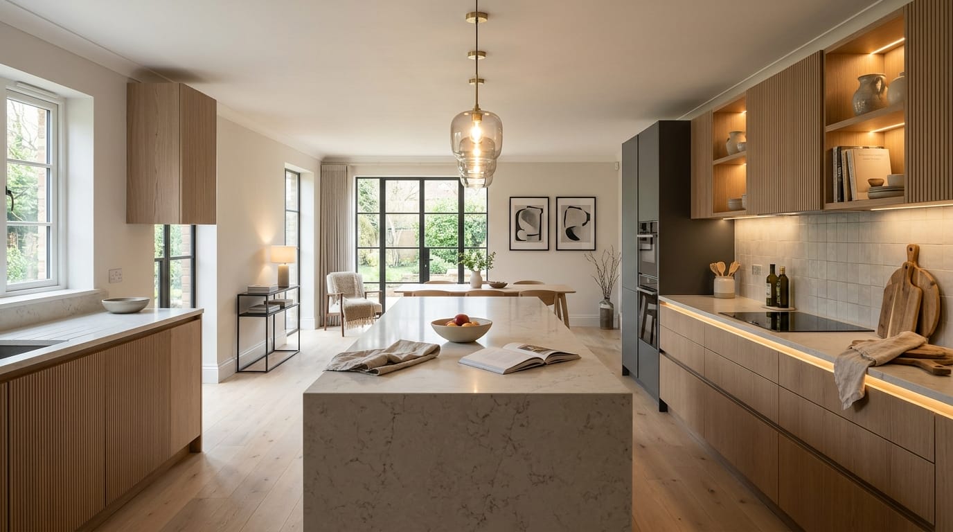 hero2_1200x675-408 Mastercraft bespoke kitchen in Banbury, wide architectural view showing room volume and design quality