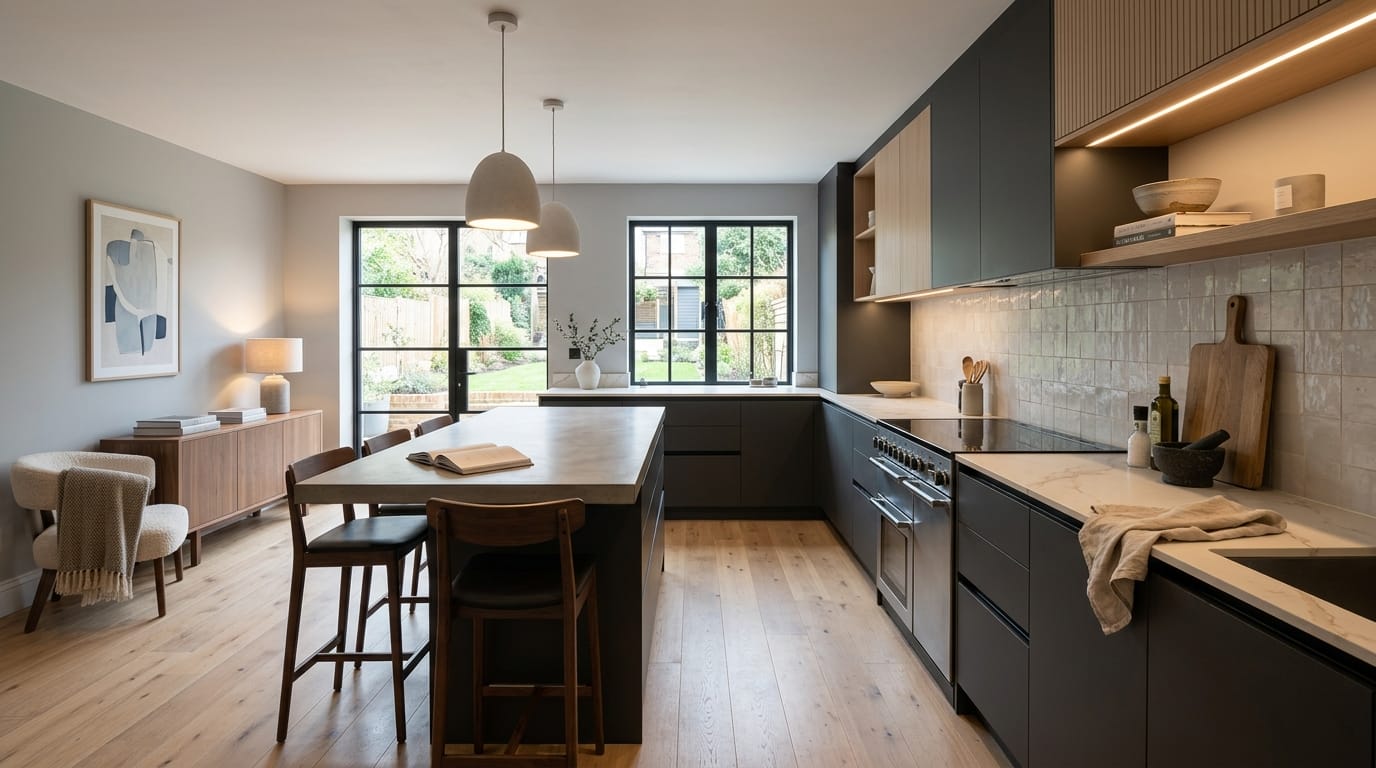 Mastercraft bespoke kitchen in Banstead, wide architectural view showing room volume and design quality