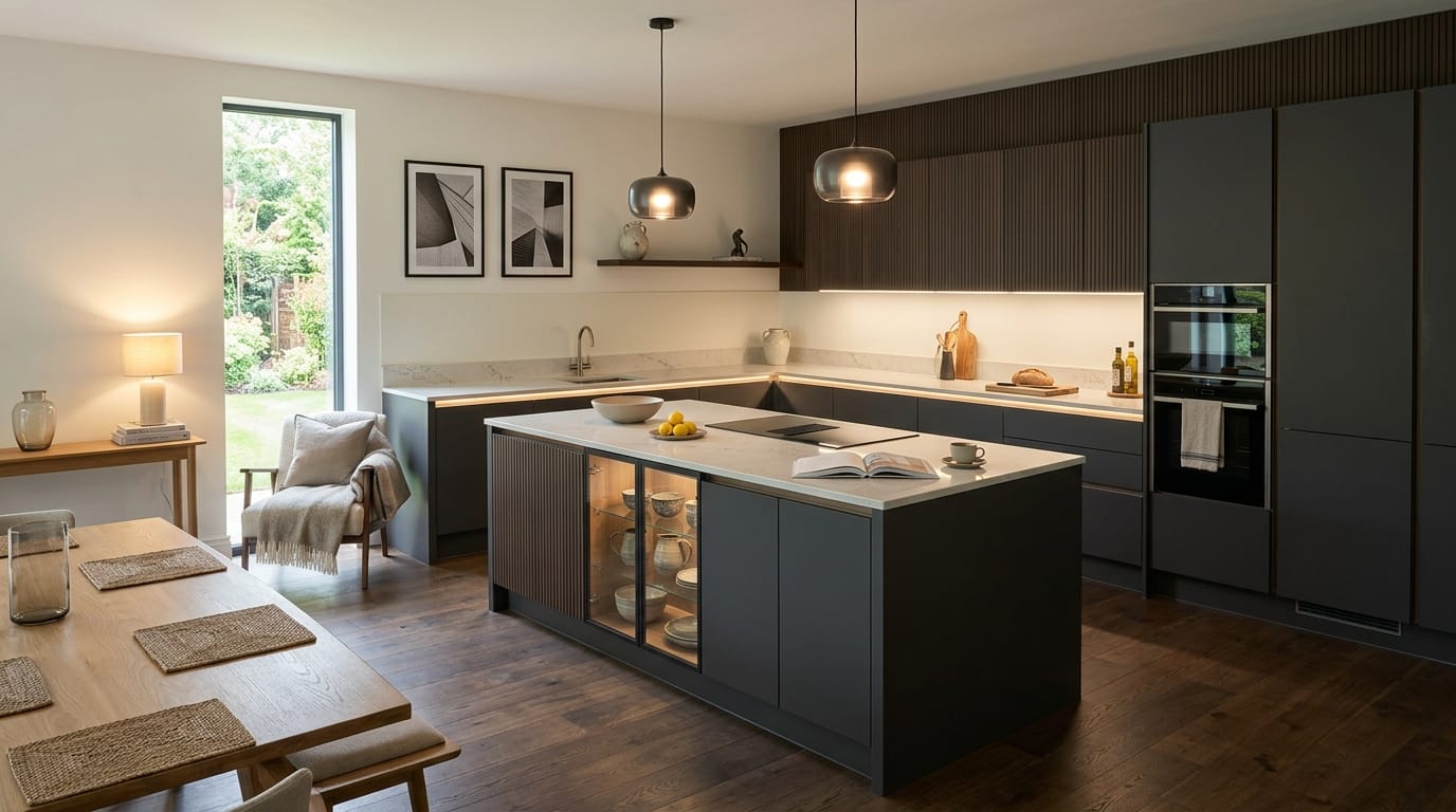 Mastercraft bespoke kitchen in Beaconsfield, wide architectural view showing room volume and design quality