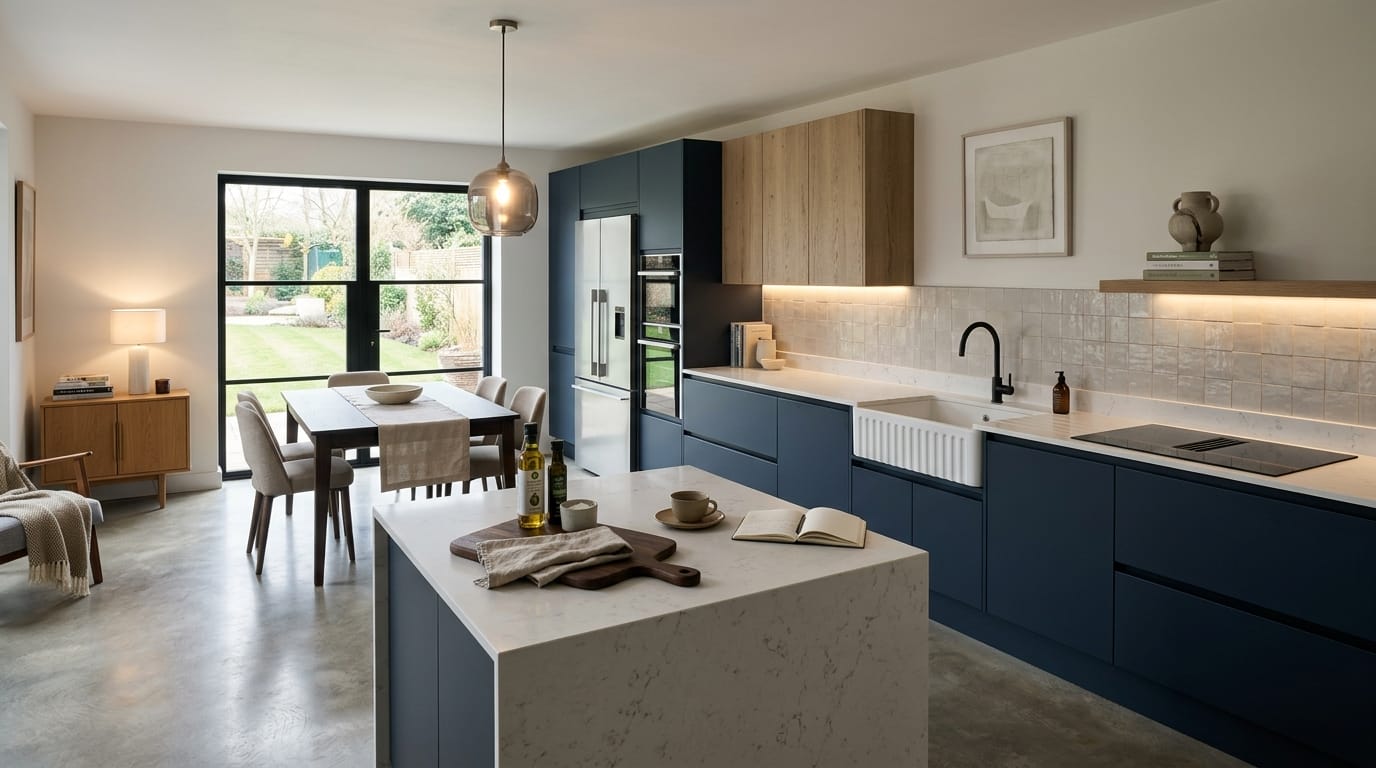 Mastercraft bespoke kitchen in Bicester, wide architectural view showing room volume and design quality