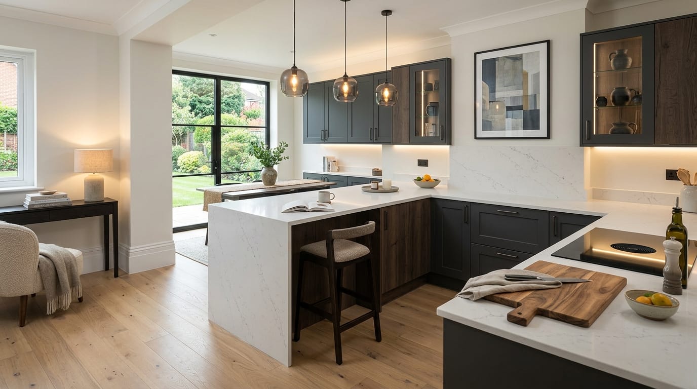 Mastercraft bespoke kitchen in Bracknell, wide architectural view showing room volume and design quality