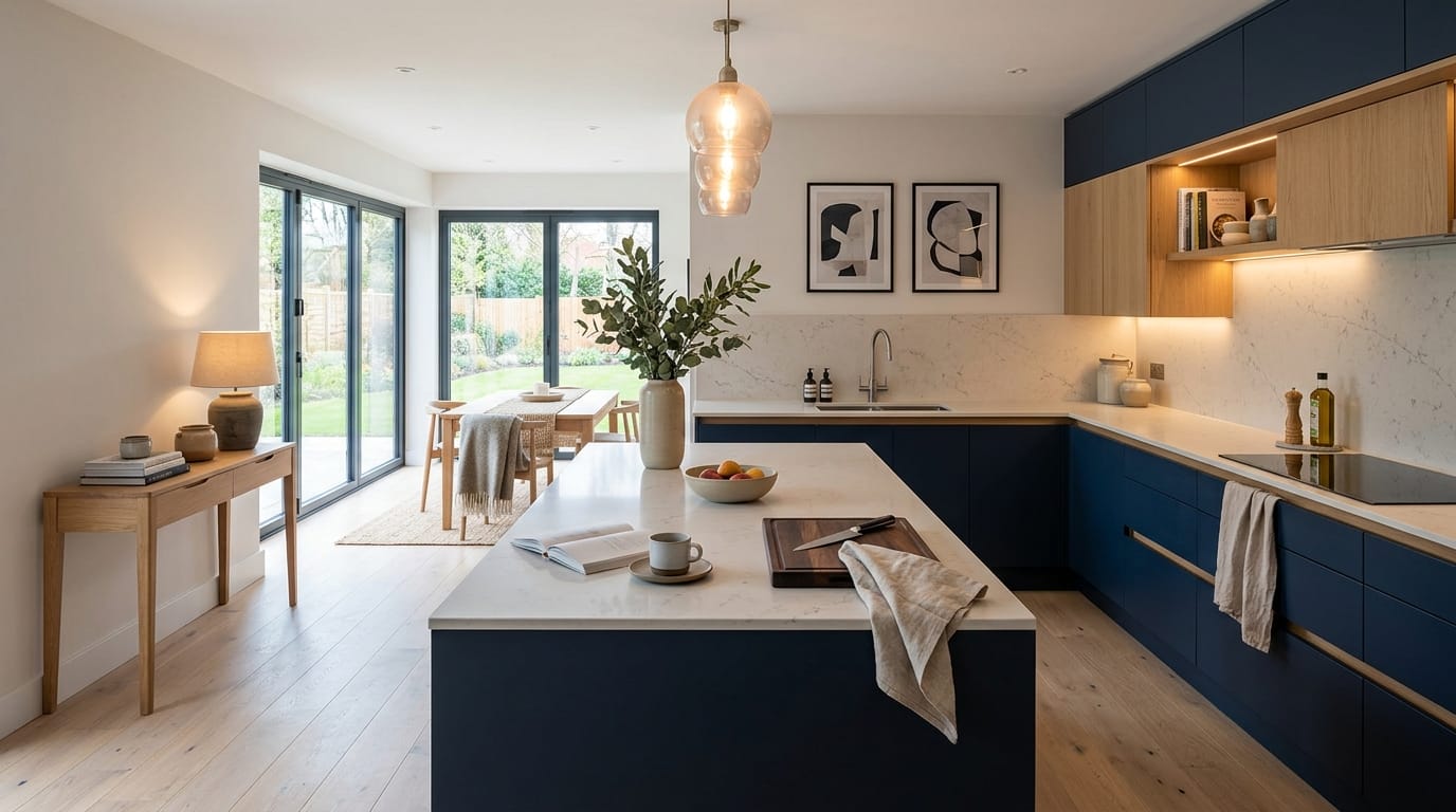 hero2_1200x675-414 Mastercraft bespoke kitchen in Buckingham, wide architectural view showing room volume and design quality