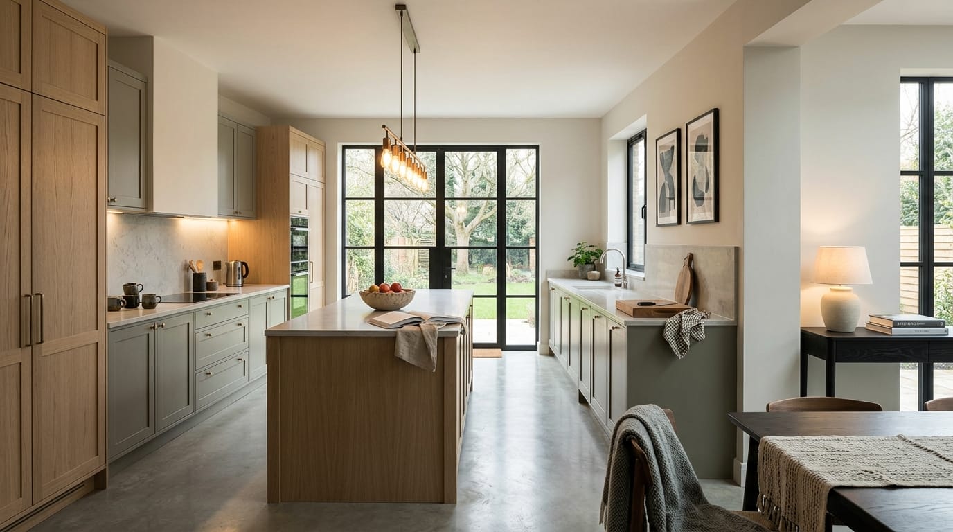 Mastercraft bespoke kitchen in Carterton, wide architectural view showing room volume and design quality