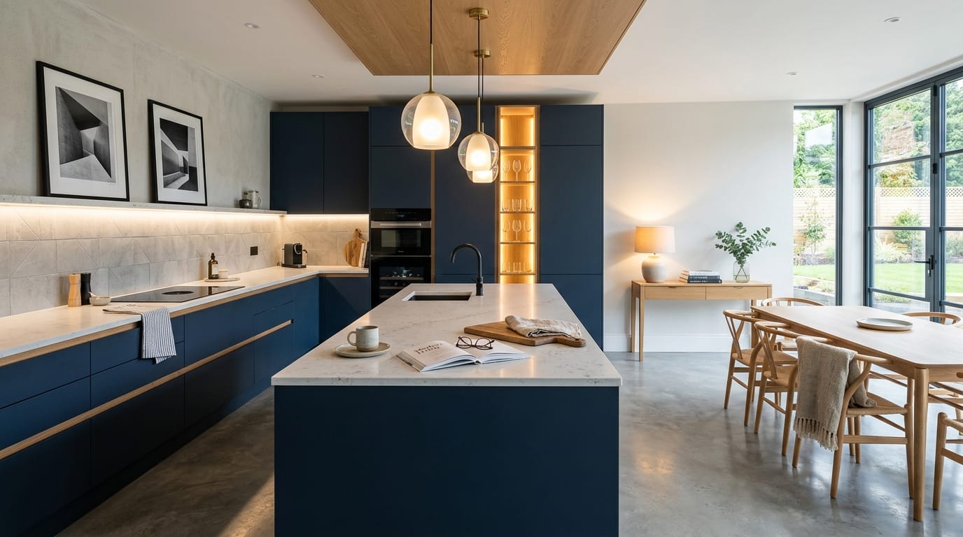 Mastercraft bespoke kitchen in Chesham, wide architectural view showing room volume and design quality