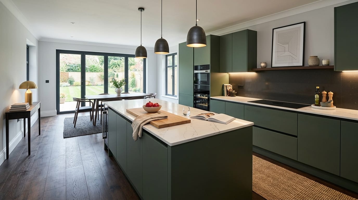 Mastercraft bespoke kitchen in Didcot, wide architectural view showing room volume and design quality