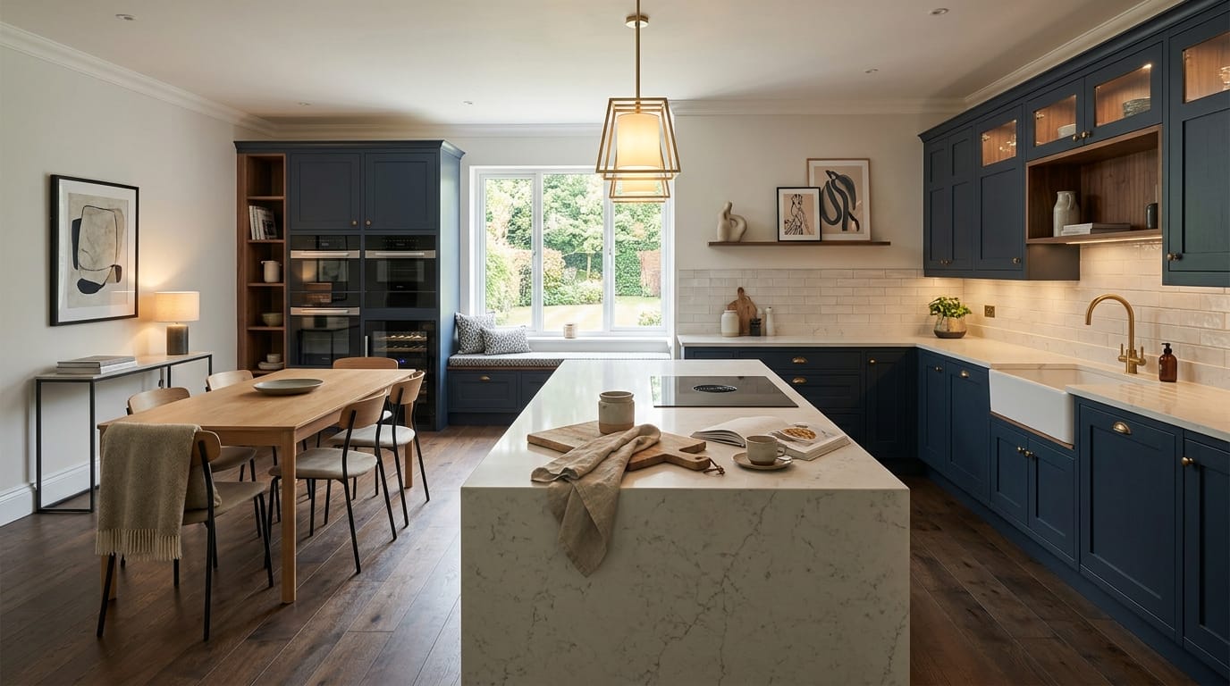 Mastercraft bespoke kitchen in Epsom, wide architectural view showing room volume and design quality