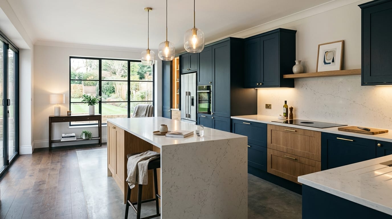 hero2_1200x675-420 Mastercraft bespoke kitchen in Gerrards Cross, wide architectural view showing room volume and design quality