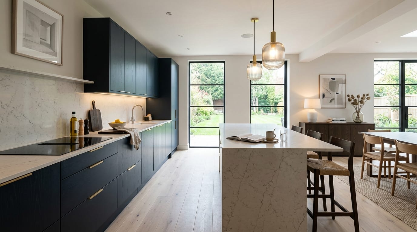 Mastercraft bespoke kitchen in Great Bookham, wide architectural view showing room volume and design quality