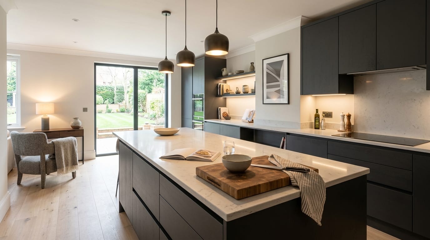 Mastercraft bespoke kitchen in Harpenden, wide architectural view showing room volume and design quality