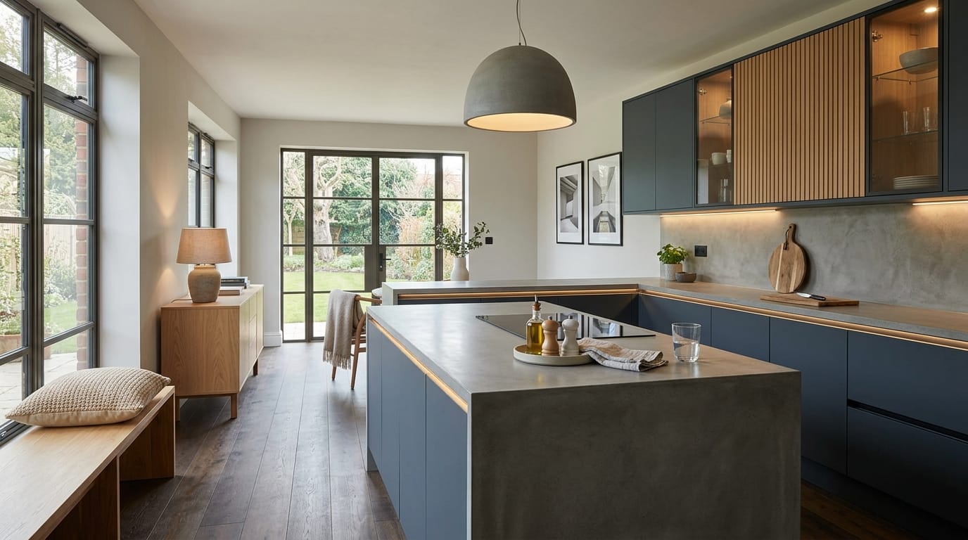 Mastercraft bespoke kitchen in High Wycombe, wide architectural view showing room volume and design quality