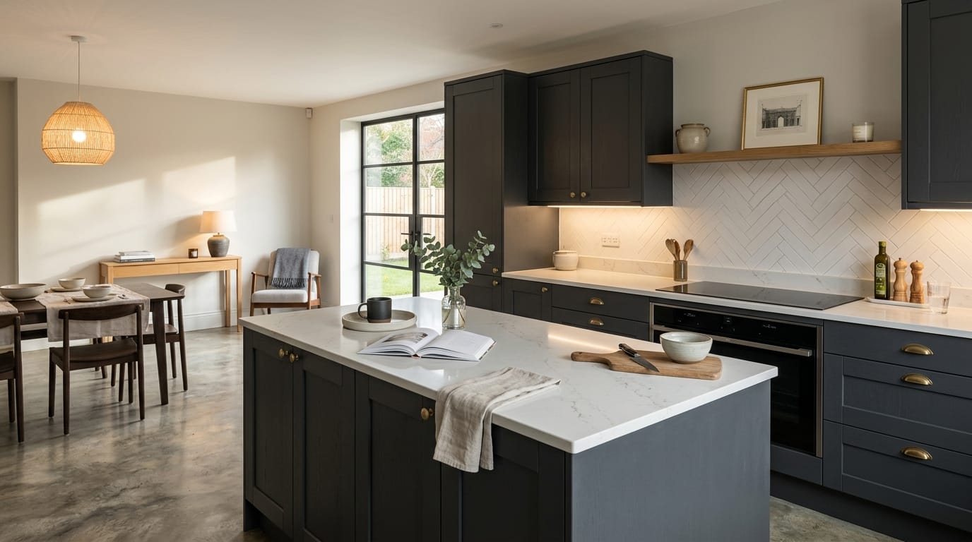 Mastercraft bespoke kitchen in Horsley, wide architectural view showing room volume and design quality