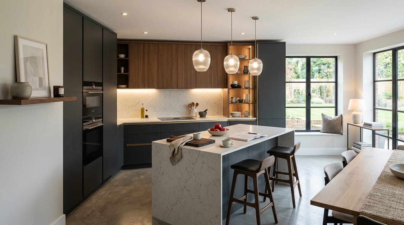 Mastercraft bespoke kitchen in Leatherhead, wide architectural view showing room volume and design quality