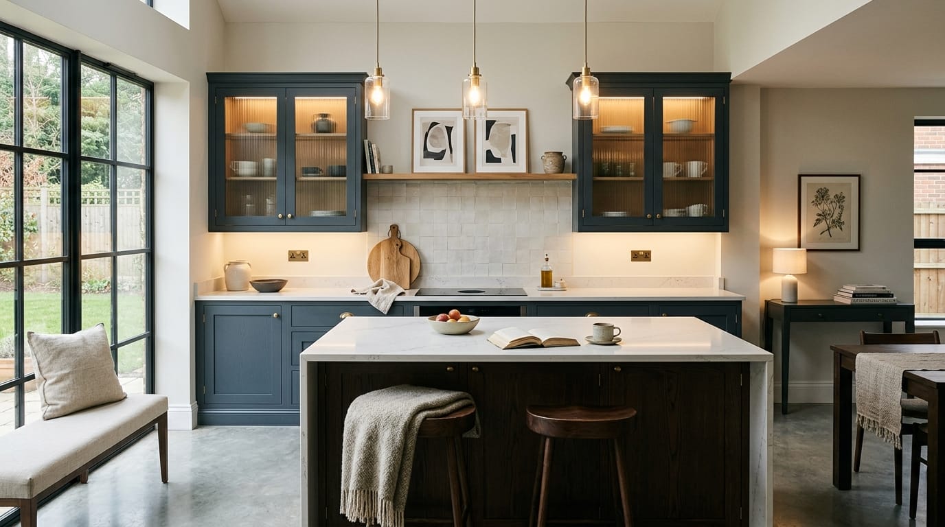 Mastercraft bespoke kitchen in Marlow, wide architectural view showing room volume and design quality