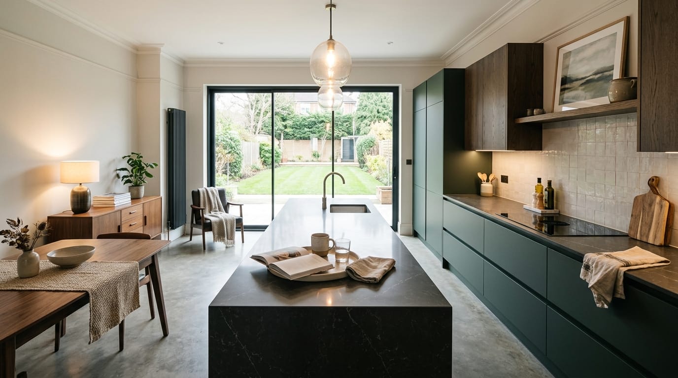 Mastercraft bespoke kitchen in Merstham, wide architectural view showing room volume and design quality