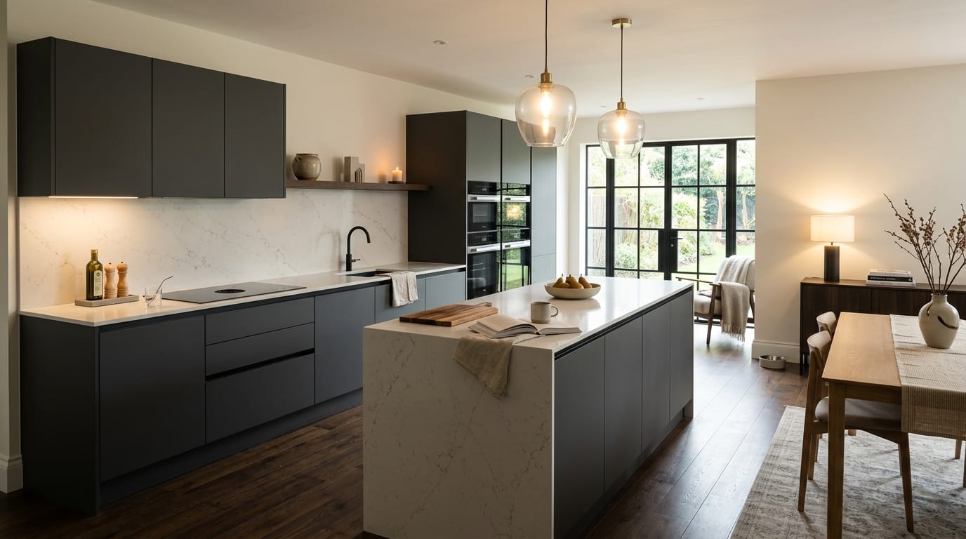 Mastercraft bespoke kitchen in Princes Risborough, wide architectural view showing room volume and design quality