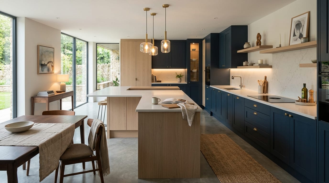 hero2_1200x675-430 Mastercraft bespoke kitchen in Wallingford, wide architectural view showing room volume and design quality