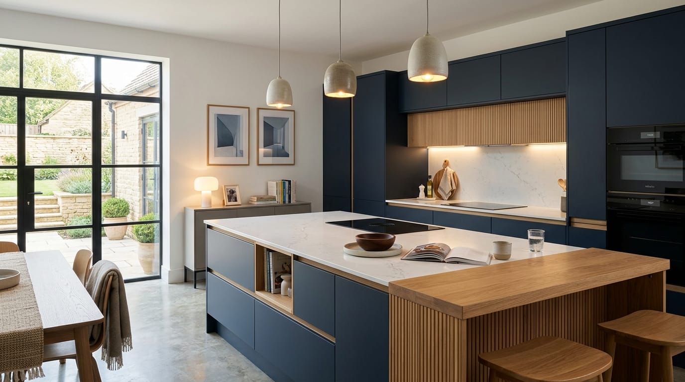 Mastercraft bespoke kitchen in Wantage, wide architectural view showing room volume and design quality