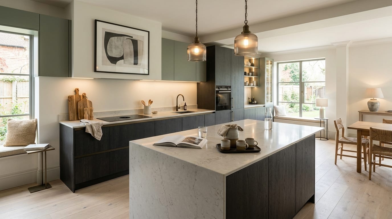 Mastercraft bespoke kitchen in Watlington, wide architectural view showing room volume and design quality