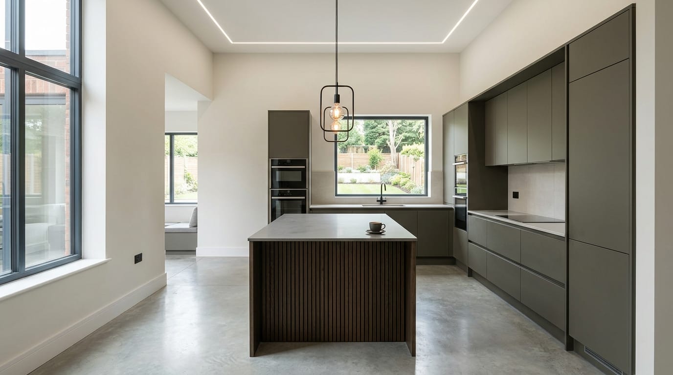 hero_1200x675-134 Wide view of a newly completed bespoke Mastercraft kitchen, modern shaker cabinetry in marine tones