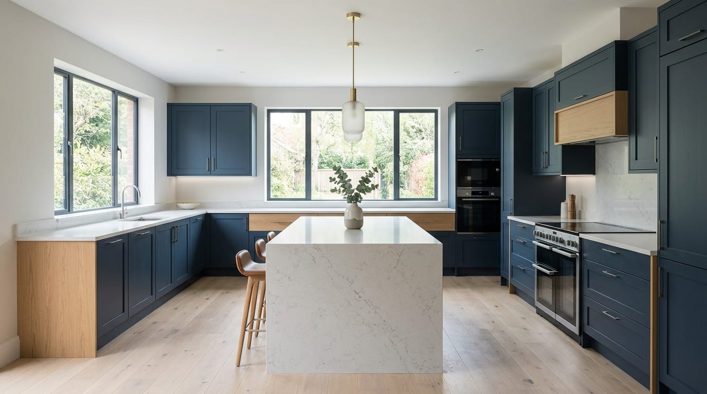 hero_1200x675-140 Modern Mastercraft kitchen with navy units, marble island, light wood floor