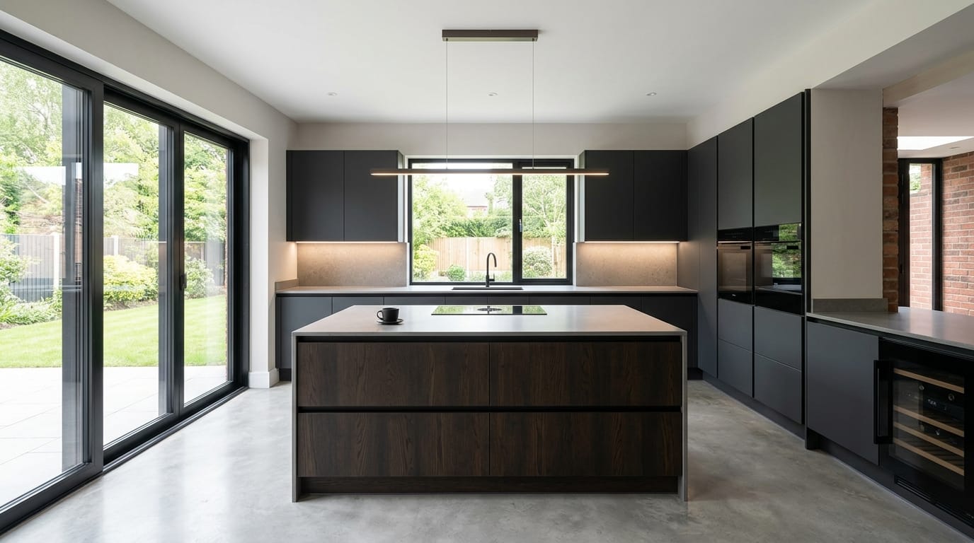 modern kitchen with dark matte units, wood island, large windows and concrete floor