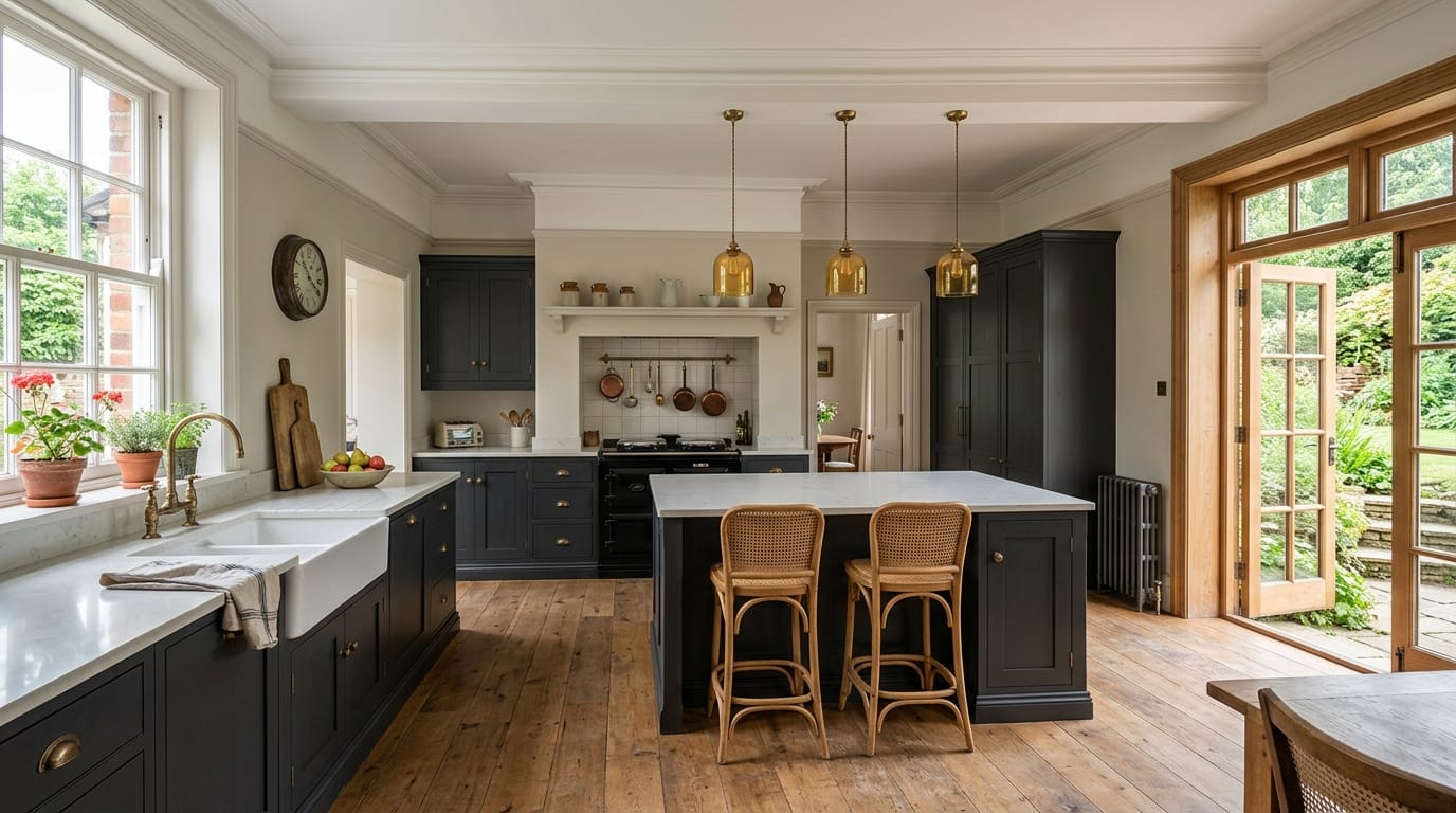 Wide view of a bespoke Mastercraft kitchen, painted in-frame cabinetry in charcoal tones