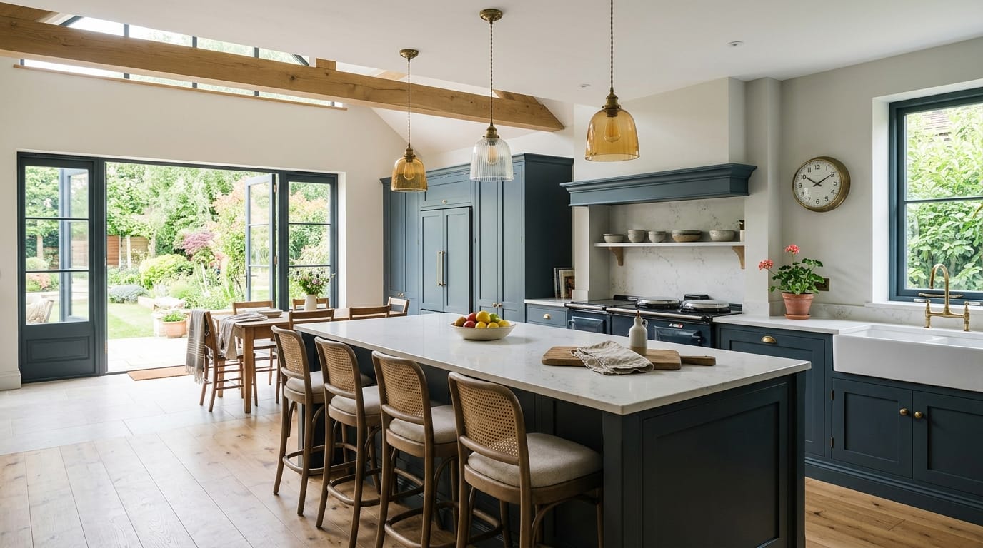 blue shaker-style kitchen with marble island, pendant lights, and garden view