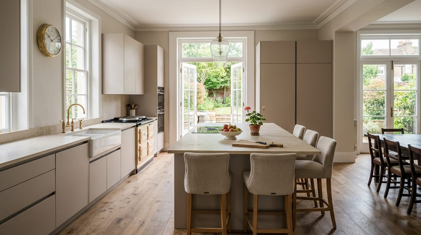 hero_1200x675-21 Wide view of a bespoke Mastercraft kitchen, matt painted handleless slab cabinetry in mushroom taupe tones