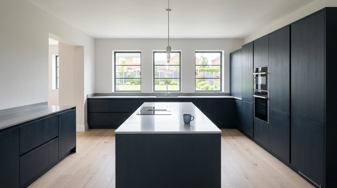 hero_1200x675-215 Wide view of a newly completed bespoke Mastercraft kitchen, contemporary painted lay-on cabinetry in reed green tones